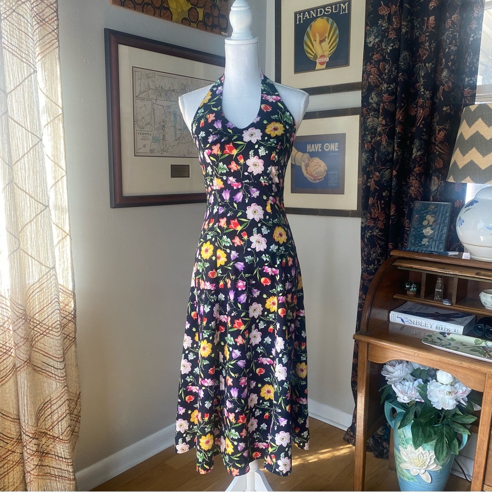 SOLD 1990s black and multi-colored floral halter dress
